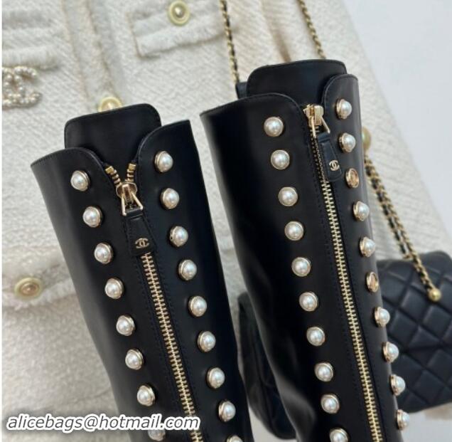 Good Product Chanel Calfskin High Boots 4.5cm with Pearls and Zip Black 1121040