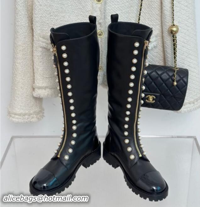 Good Product Chanel Calfskin High Boots 4.5cm with Pearls and Zip Black 1121040