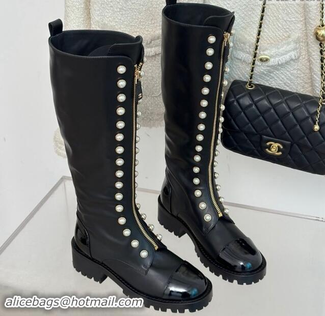 Good Product Chanel Calfskin High Boots 4.5cm with Pearls and Zip Black 1121040