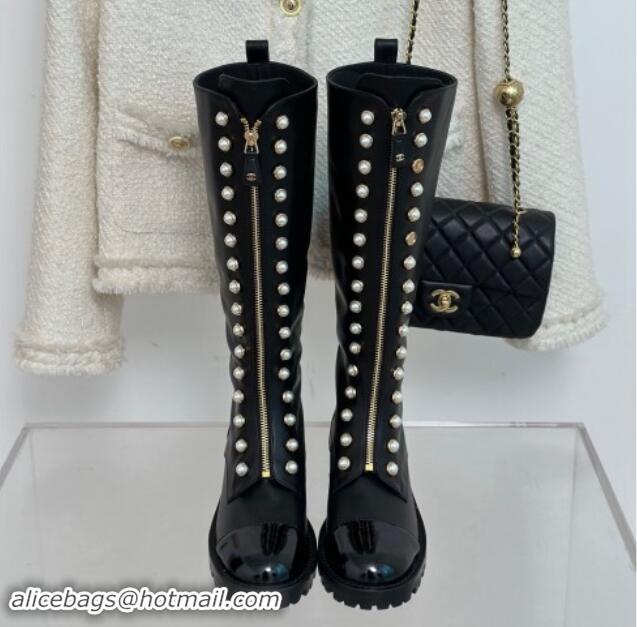 Good Product Chanel Calfskin High Boots 4.5cm with Pearls and Zip Black 1121040