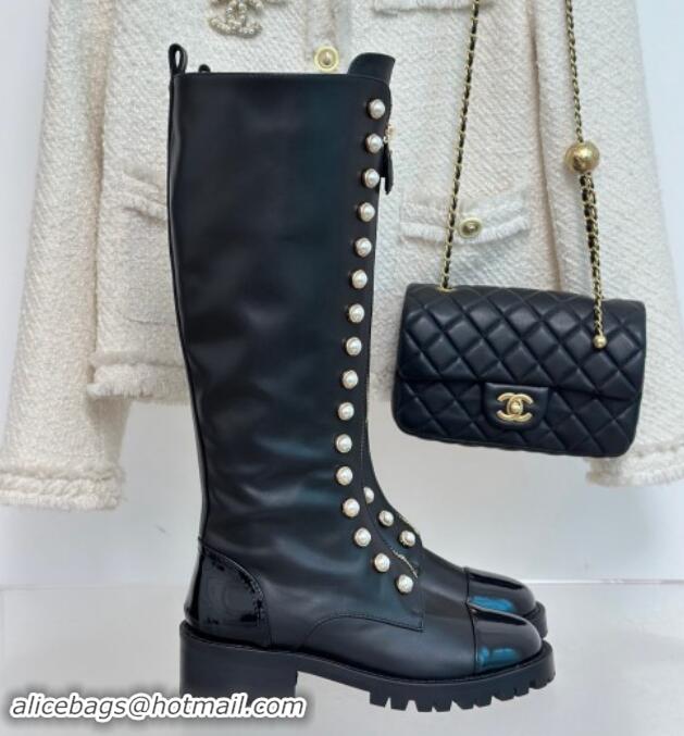 Good Product Chanel Calfskin High Boots 4.5cm with Pearls and Zip Black 1121040