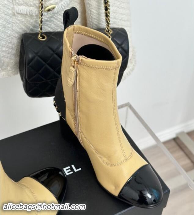 Best Grade Chanel Calfskin Ankle Boots 8.5cm with Chain Beige 1121041