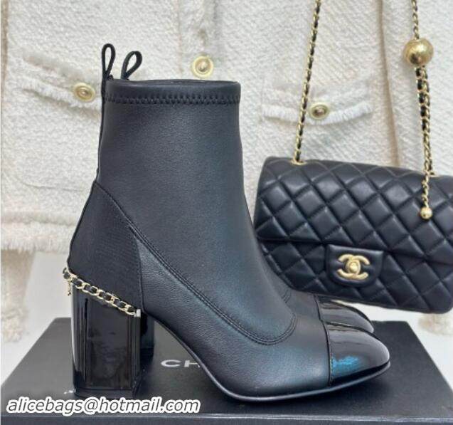 Luxurious Chanel Calfskin Ankle Boots 8.5cm with Chain Black  1121042