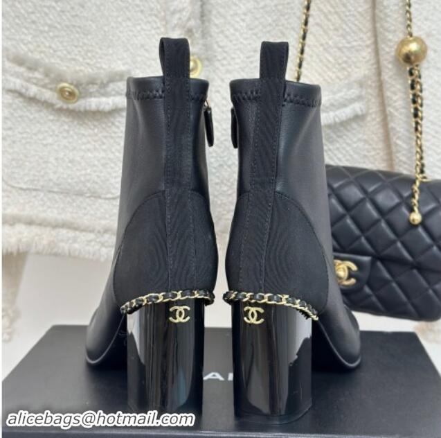 Luxurious Chanel Calfskin Ankle Boots 8.5cm with Chain Black  1121042