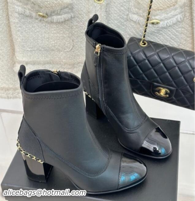 Luxurious Chanel Calfskin Ankle Boots 8.5cm with Chain Black  1121042