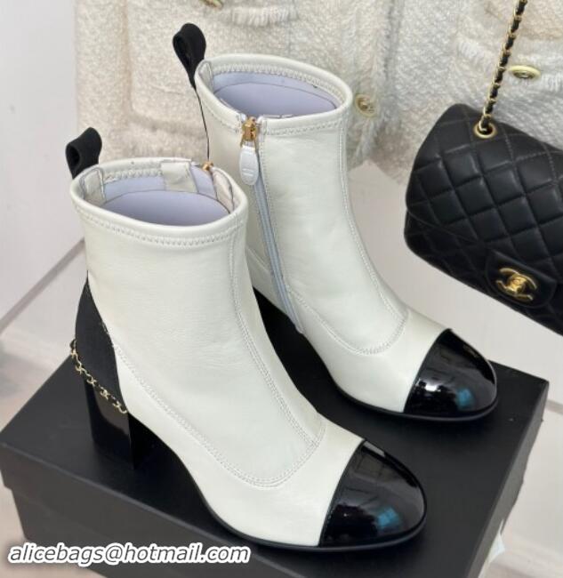 Best Grade Chanel Calfskin Ankle Boots 8.5cm with Chain White 1121043