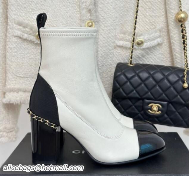 Best Grade Chanel Calfskin Ankle Boots 8.5cm with Chain White 1121043