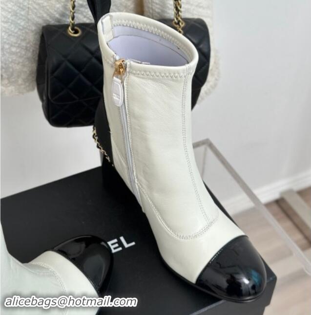 Best Grade Chanel Calfskin Ankle Boots 8.5cm with Chain White 1121043