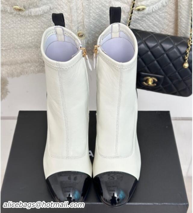 Best Grade Chanel Calfskin Ankle Boots 8.5cm with Chain White 1121043