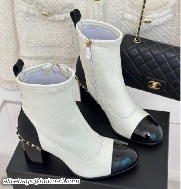 Best Grade Chanel Calfskin Ankle Boots 8.5cm with Chain White 1121043