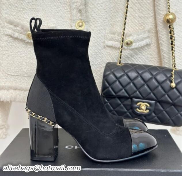 Super Chanel Suede Ankle Boots 8.5cm with Chain Black 1121044