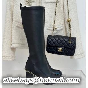 Good Looking Chanel Calfskin High Boots 8.5cm with Chain Black 1121045