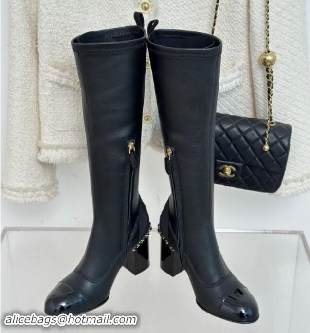 Good Looking Chanel Calfskin High Boots 8.5cm with Chain Black 1121045