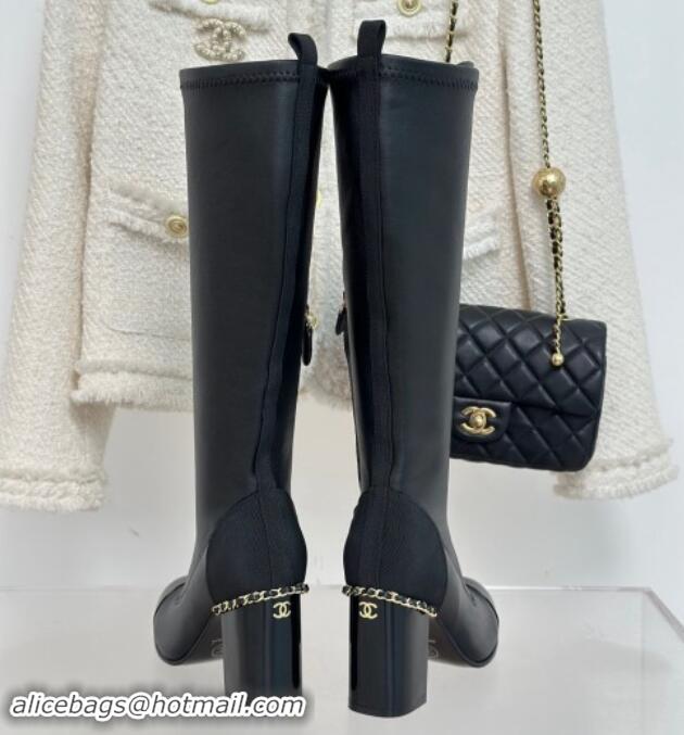 Good Looking Chanel Calfskin High Boots 8.5cm with Chain Black 1121045