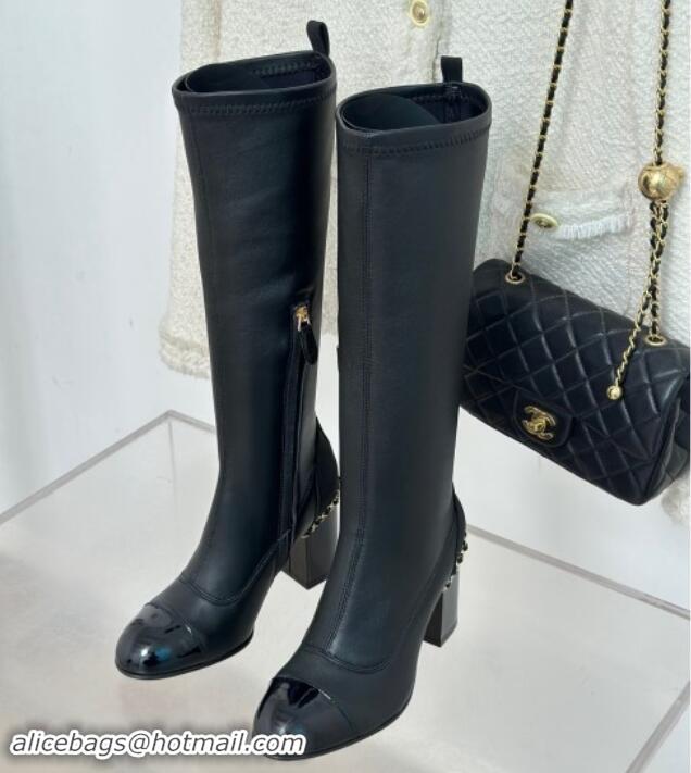 Good Looking Chanel Calfskin High Boots 8.5cm with Chain Black 1121045