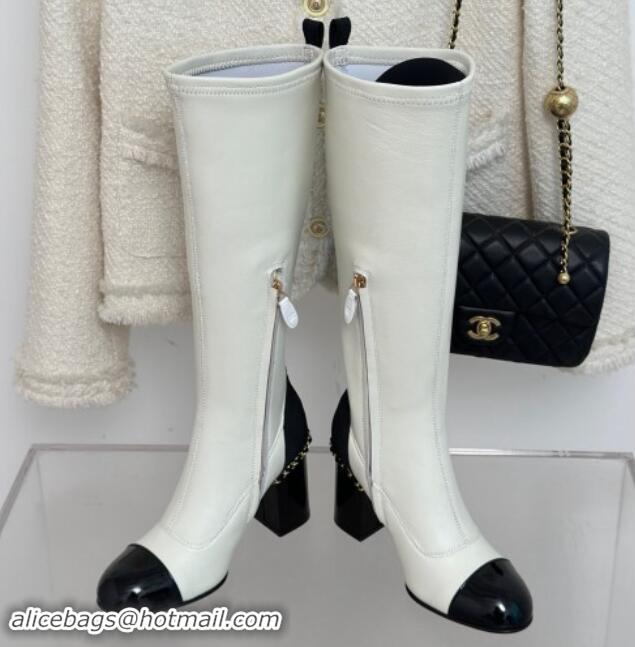 Charming Chanel Calfskin High Boots 8.5cm with Chain White 1121046