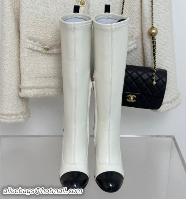 Charming Chanel Calfskin High Boots 8.5cm with Chain White 1121046