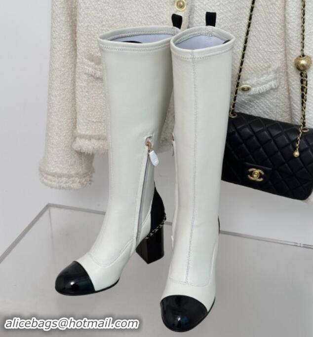 Charming Chanel Calfskin High Boots 8.5cm with Chain White 1121046