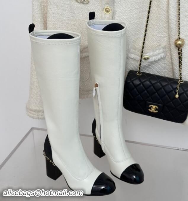 Charming Chanel Calfskin High Boots 8.5cm with Chain White 1121046