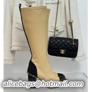 Good Product Chanel Calfskin High Boots 8.5cm with Chain Beige 1121047