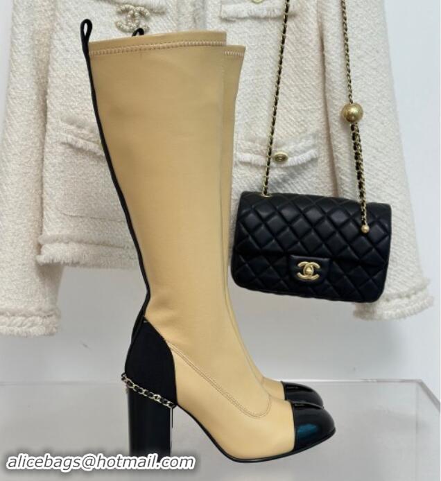 Good Product Chanel Calfskin High Boots 8.5cm with Chain Beige 1121047