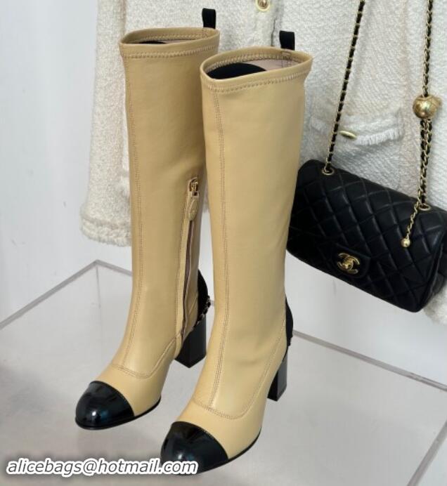 Good Product Chanel Calfskin High Boots 8.5cm with Chain Beige 1121047