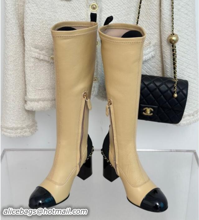 Good Product Chanel Calfskin High Boots 8.5cm with Chain Beige 1121047