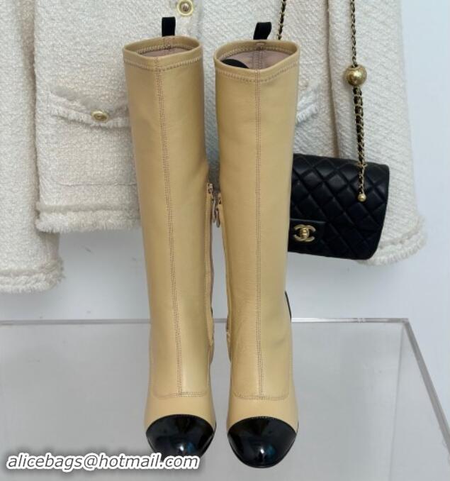 Good Product Chanel Calfskin High Boots 8.5cm with Chain Beige 1121047