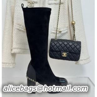 Unique Style Chanel Suede High Boots 8.5cm with Chain Black 1121048