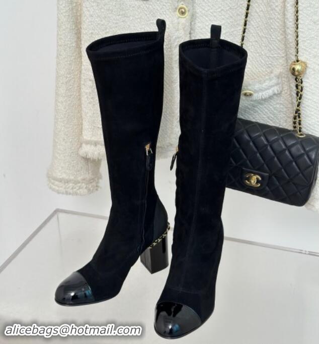 Unique Style Chanel Suede High Boots 8.5cm with Chain Black 1121048