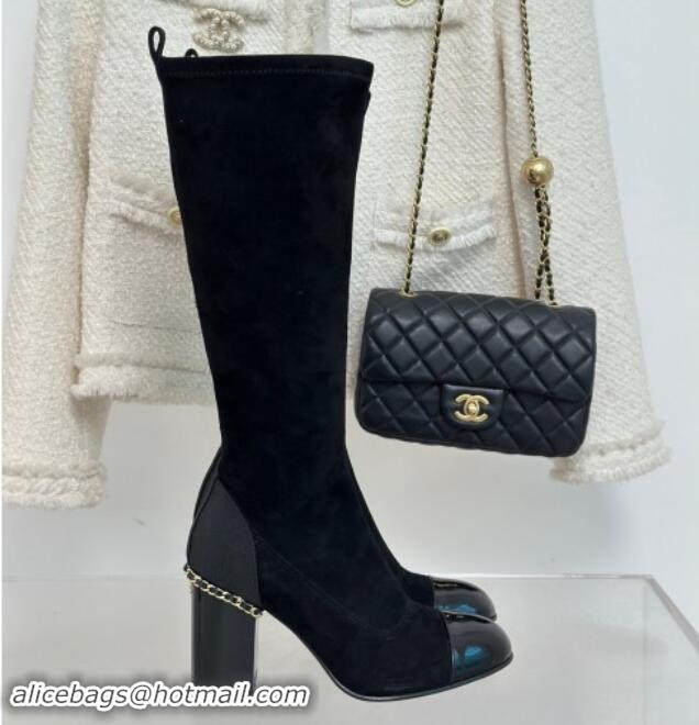 Unique Style Chanel Suede High Boots 8.5cm with Chain Black 1121048