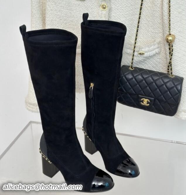 Unique Style Chanel Suede High Boots 8.5cm with Chain Black 1121048