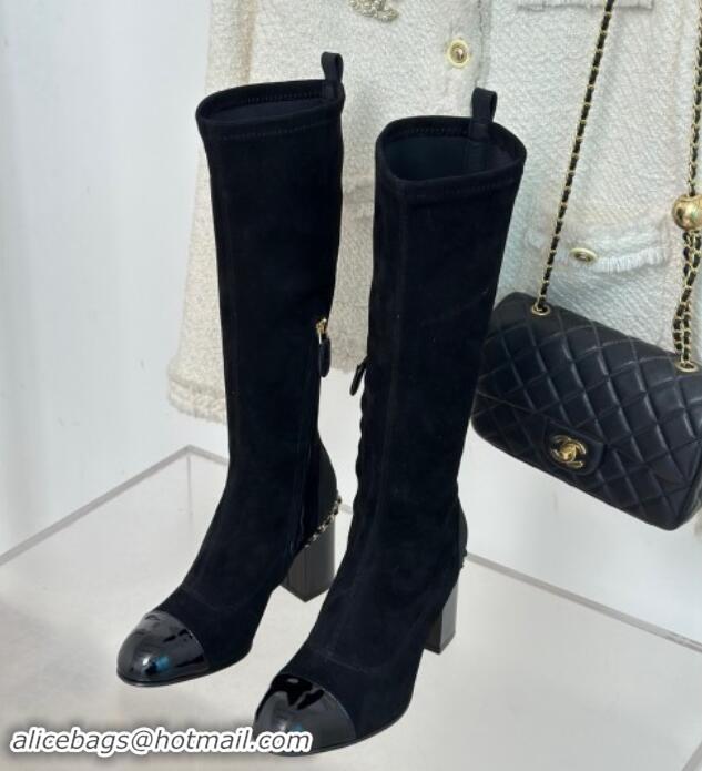 Unique Style Chanel Suede High Boots 8.5cm with Chain Black 1121048