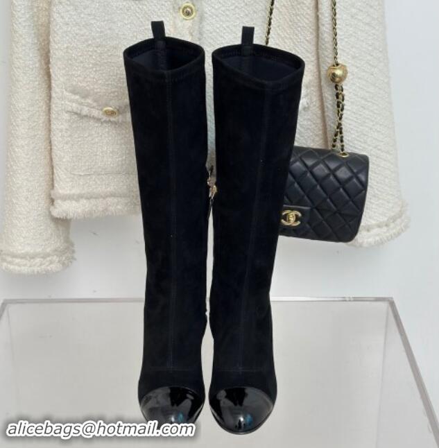 Unique Style Chanel Suede High Boots 8.5cm with Chain Black 1121048