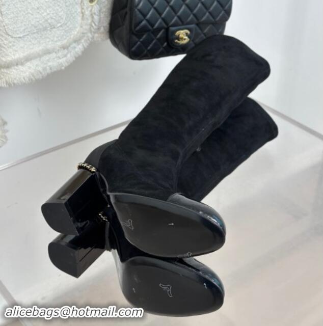 Unique Style Chanel Suede High Boots 8.5cm with Chain Black 1121048