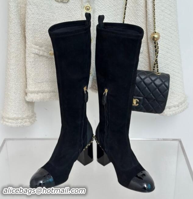 Unique Style Chanel Suede High Boots 8.5cm with Chain Black 1121048