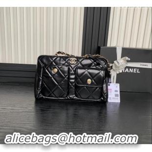 Good Quality Chanel Shiny Calfskin Large Bowling Bag with Pockets AS4933 Black 2024