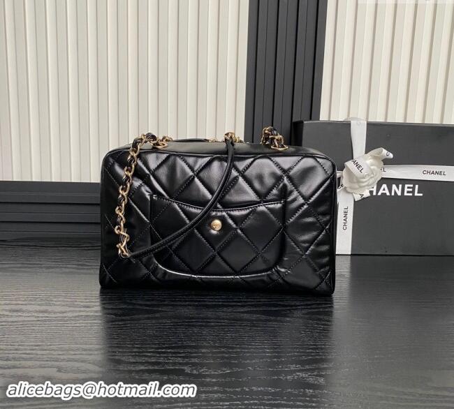 Good Quality Chanel Shiny Calfskin Large Bowling Bag with Pockets AS4933 Black 2024