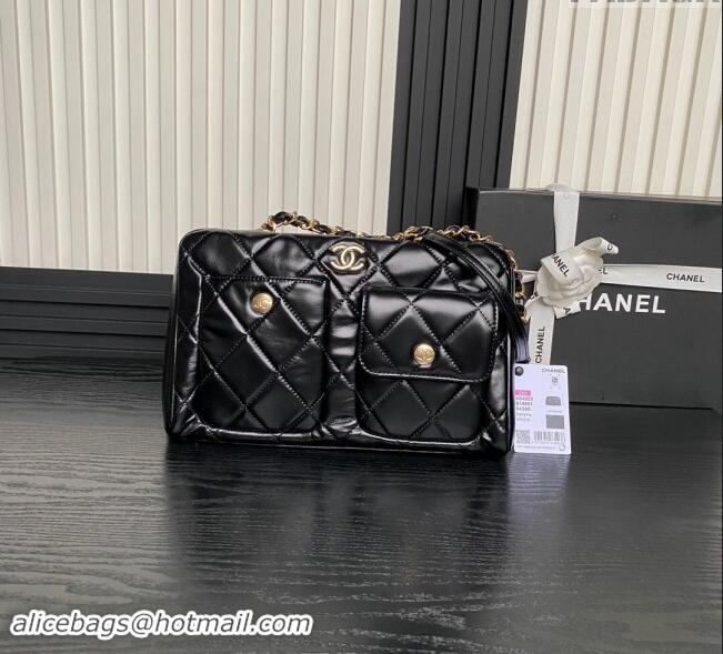 Good Quality Chanel Shiny Calfskin Large Bowling Bag with Pockets AS4933 Black 2024