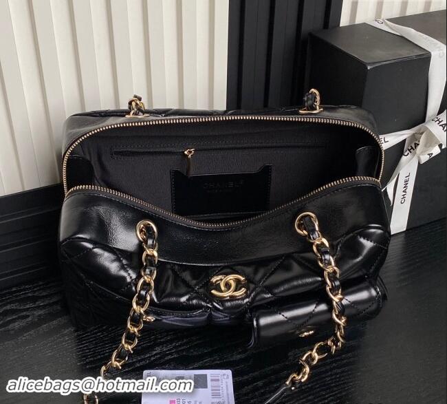 Good Quality Chanel Shiny Calfskin Large Bowling Bag with Pockets AS4933 Black 2024