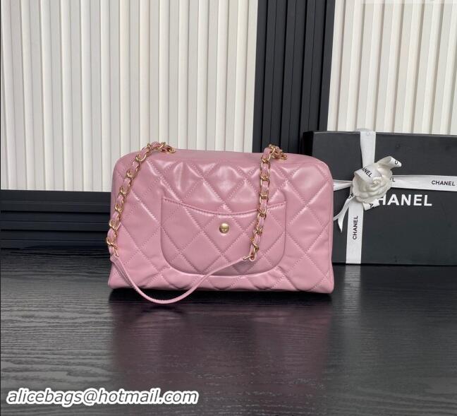 Famous Brand Chanel Shiny Calfskin Large Bowling Bag with Pockets AS4933 Light Pink 2024