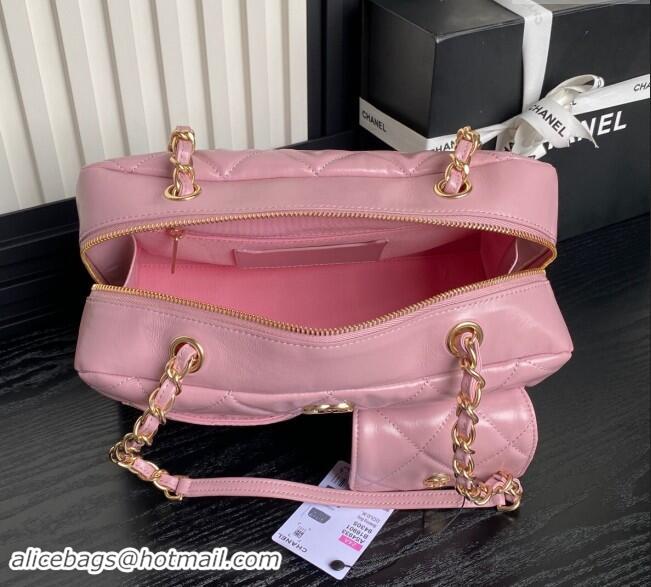 Famous Brand Chanel Shiny Calfskin Large Bowling Bag with Pockets AS4933 Light Pink 2024