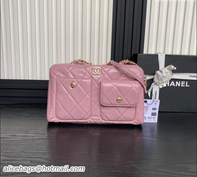 Famous Brand Chanel Shiny Calfskin Large Bowling Bag with Pockets AS4933 Light Pink 2024