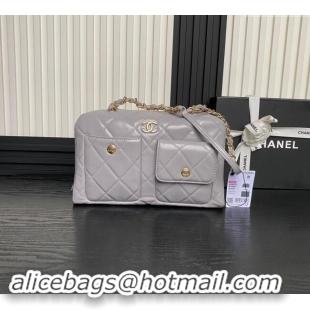 Low Cost Chanel Shiny Calfskin Large Bowling Bag with Pockets AS4933 Light Grey 2024