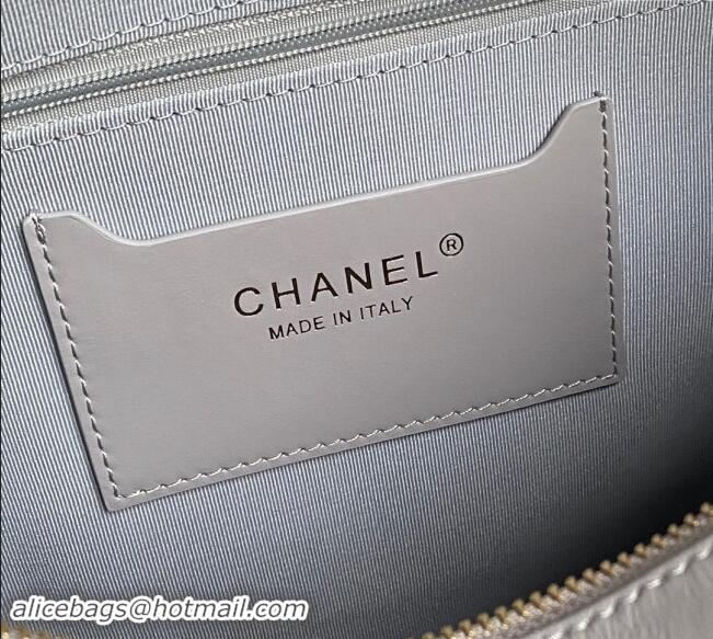 Low Cost Chanel Shiny Calfskin Large Bowling Bag with Pockets AS4933 Light Grey 2024