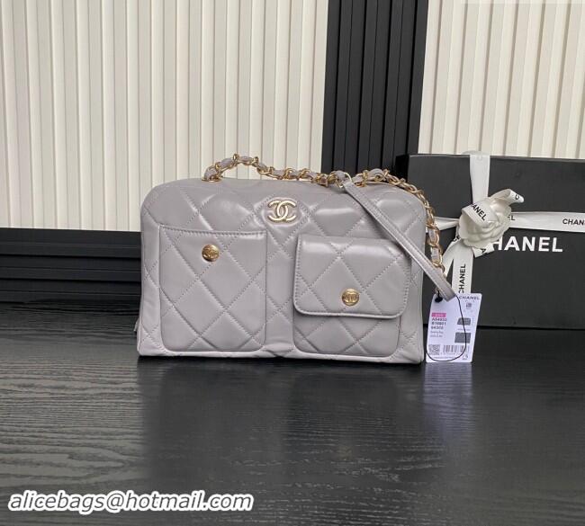 Low Cost Chanel Shiny Calfskin Large Bowling Bag with Pockets AS4933 Light Grey 2024