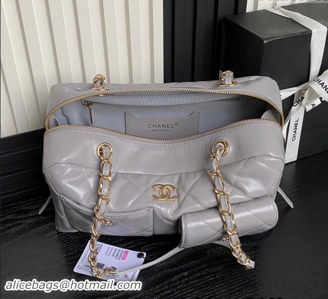 Low Cost Chanel Shiny Calfskin Large Bowling Bag with Pockets AS4933 Light Grey 2024