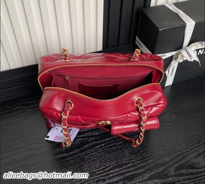 Famous Brand Chanel Shiny Calfskin Large Bowling Bag with Pockets AS4933 Red 2024