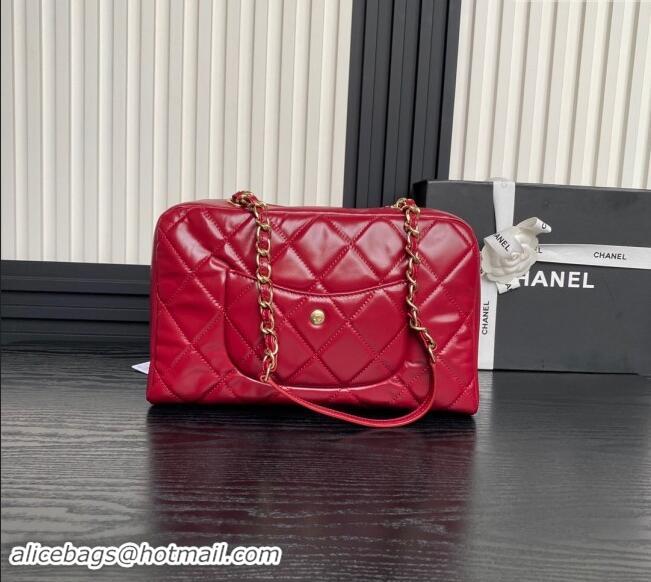 Famous Brand Chanel Shiny Calfskin Large Bowling Bag with Pockets AS4933 Red 2024