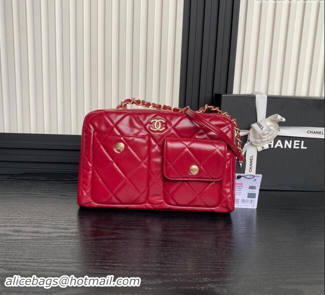 Famous Brand Chanel Shiny Calfskin Large Bowling Bag with Pockets AS4933 Red 2024